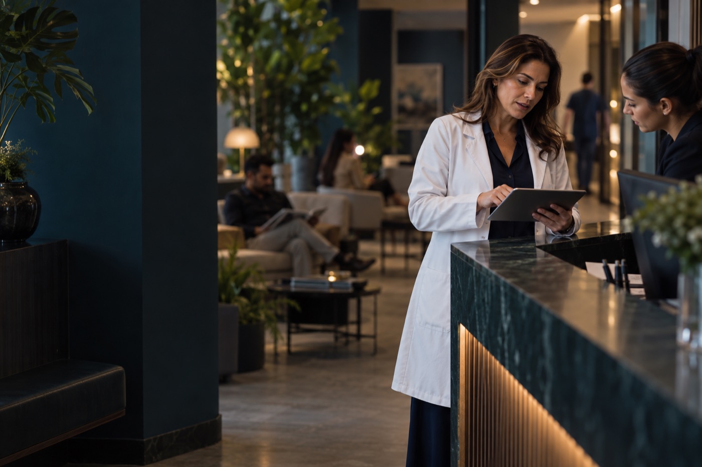 Médica de jaleco consultando um tablet no balcão da recepção de uma clínica, com pacientes esperando ao fundo